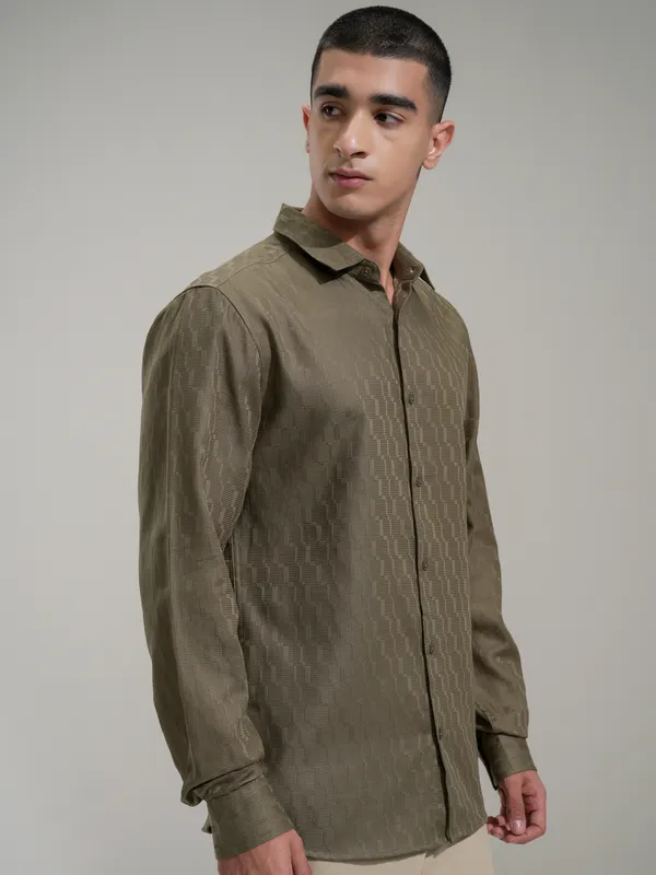 Highlander Men Olive Self Design Slim Fit Casual Shirt