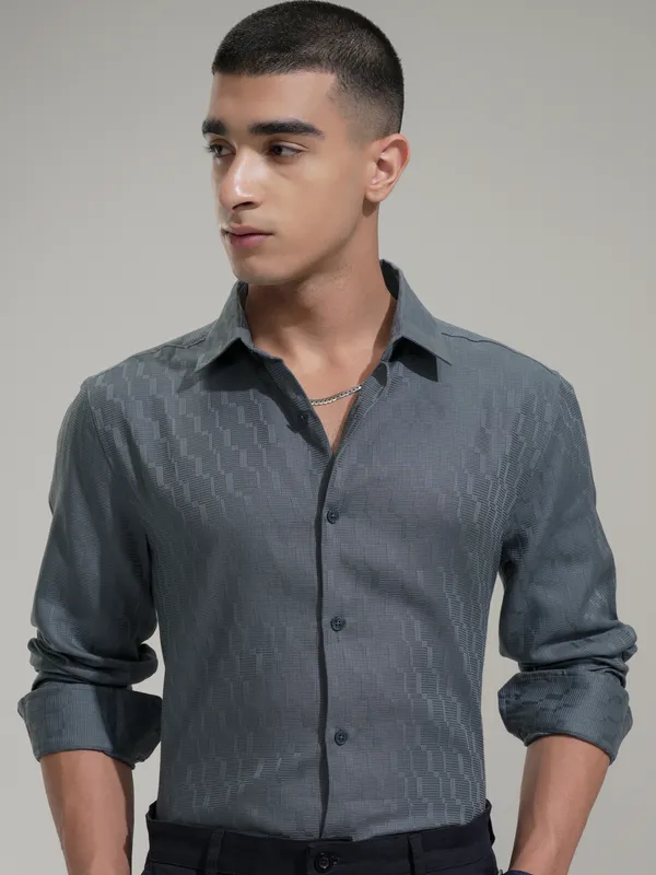 Highlander Men Blue Self Design Slim Fit Casual Shirt