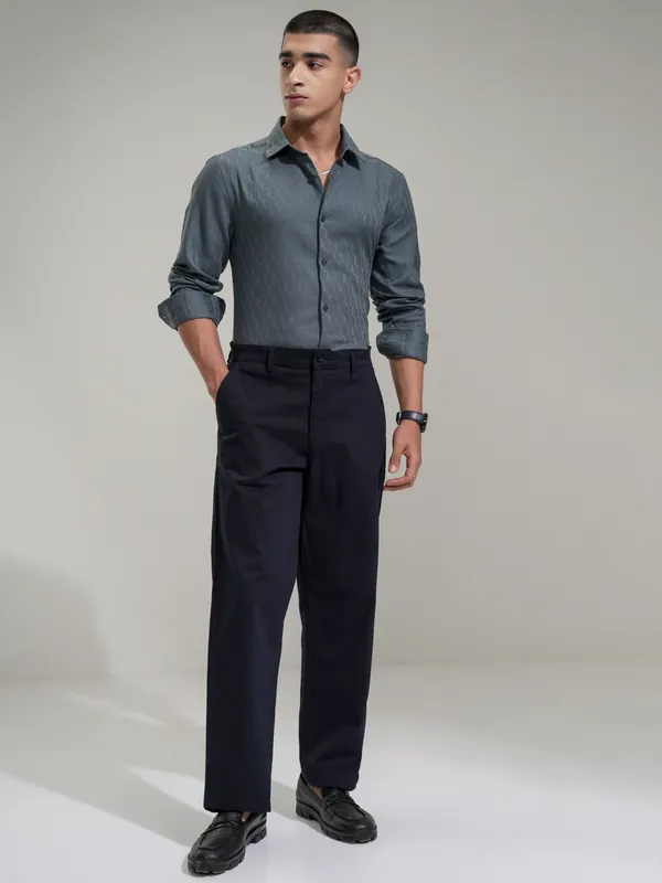 Highlander Men Blue Self Design Slim Fit Casual Shirt