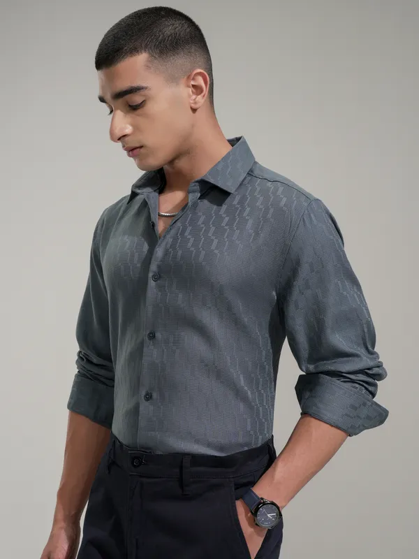 Highlander Men Blue Self Design Slim Fit Casual Shirt