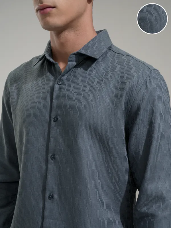 Highlander Men Blue Self Design Slim Fit Casual Shirt