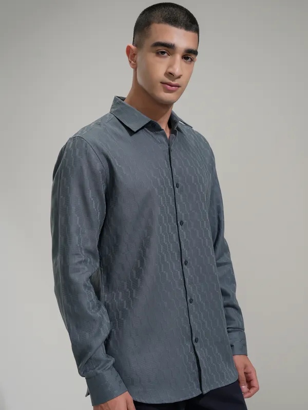 Highlander Men Blue Self Design Slim Fit Casual Shirt