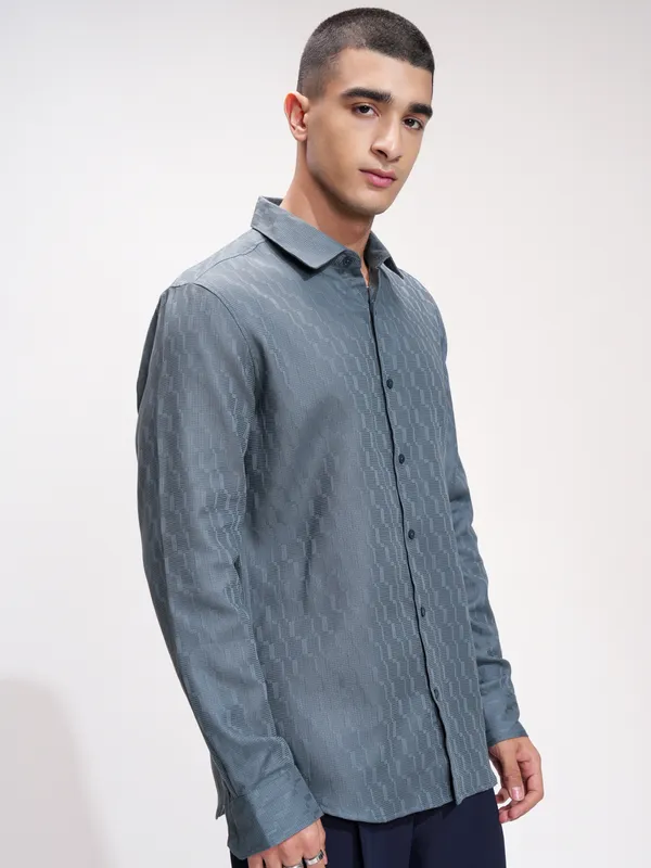 Highlander Men Blue Self Design Slim Fit Casual Shirt