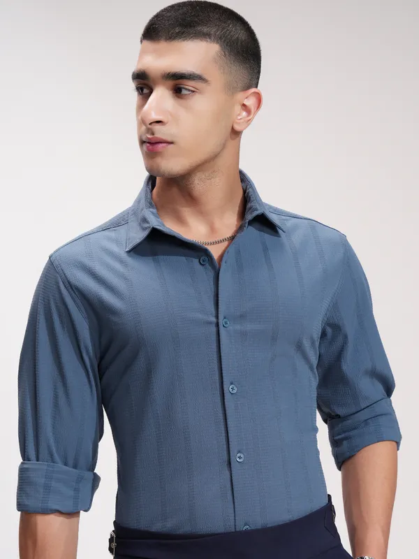 Highlander Men Blue Self Design Slim Fit Casual Shirt