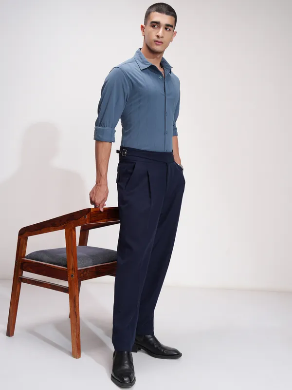 Highlander Men Blue Self Design Slim Fit Casual Shirt