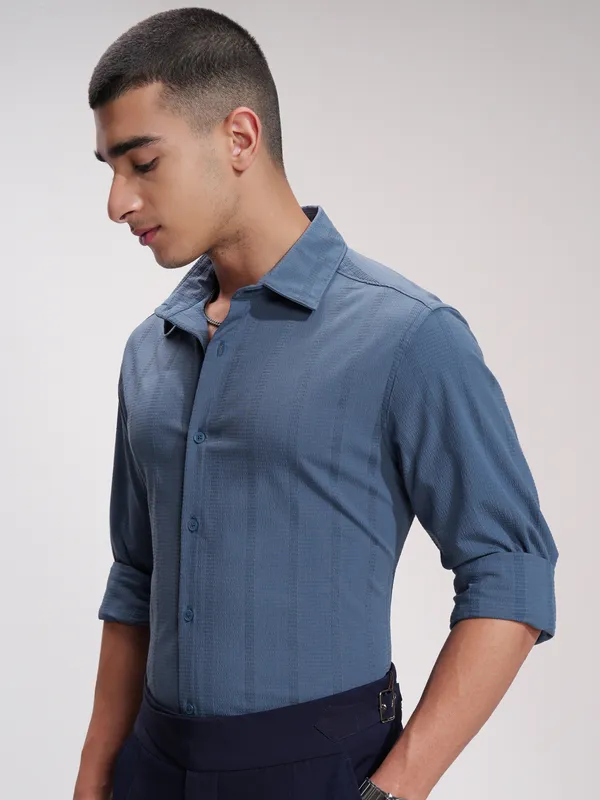 Highlander Men Blue Self Design Slim Fit Casual Shirt