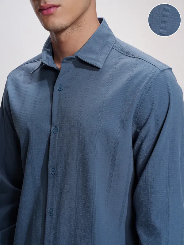 Highlander Men Blue Self Design Slim Fit Casual Shirt