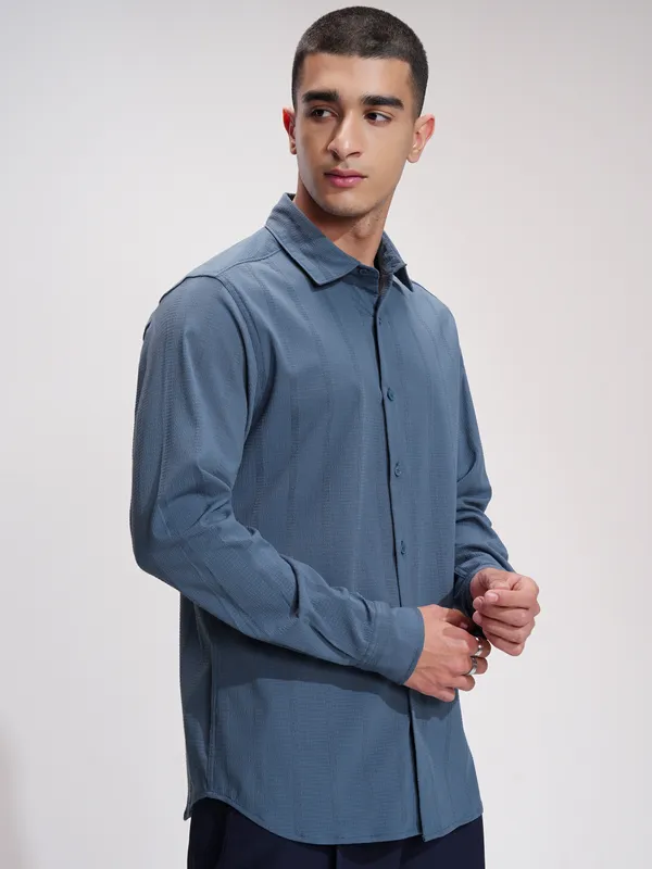 Highlander Men Blue Self Design Slim Fit Casual Shirt