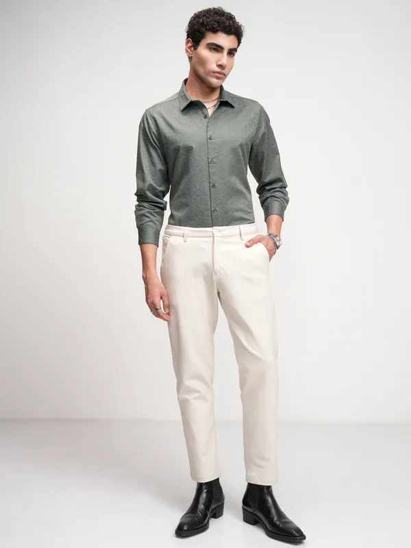 Highlander Men Grey Self Design Slim Fit Casual Shirt