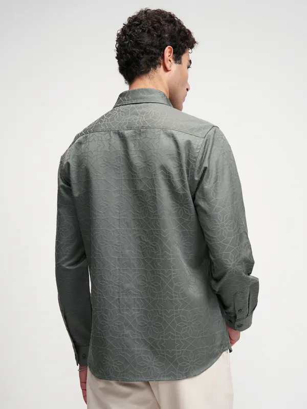 Highlander Men Grey Self Design Slim Fit Casual Shirt