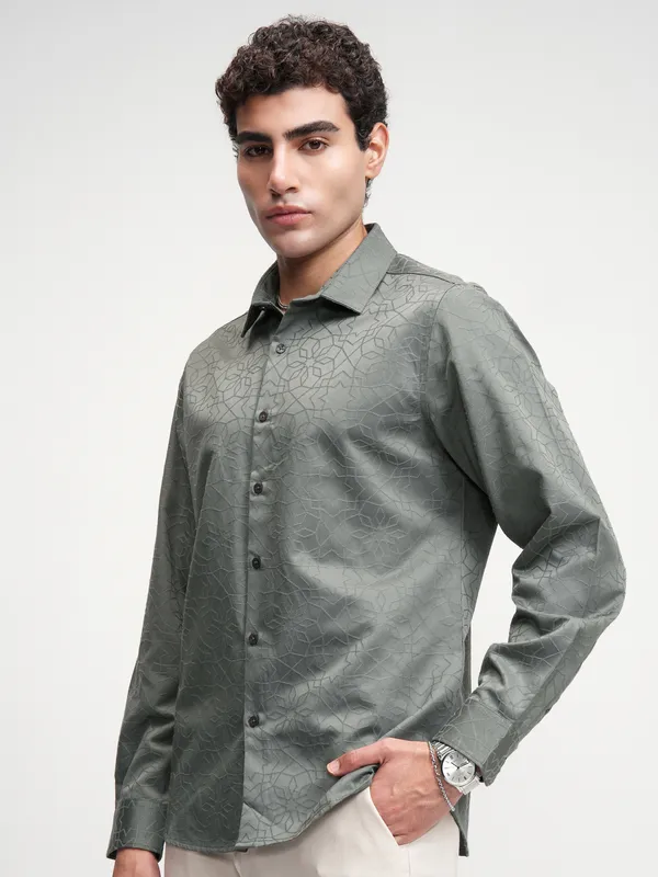 Highlander Men Grey Self Design Slim Fit Casual Shirt