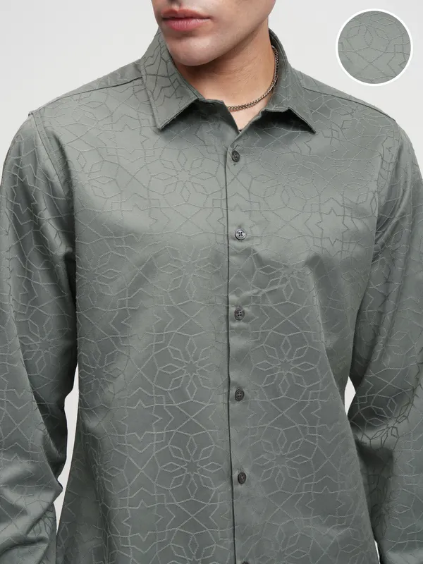 Highlander Men Grey Self Design Slim Fit Casual Shirt