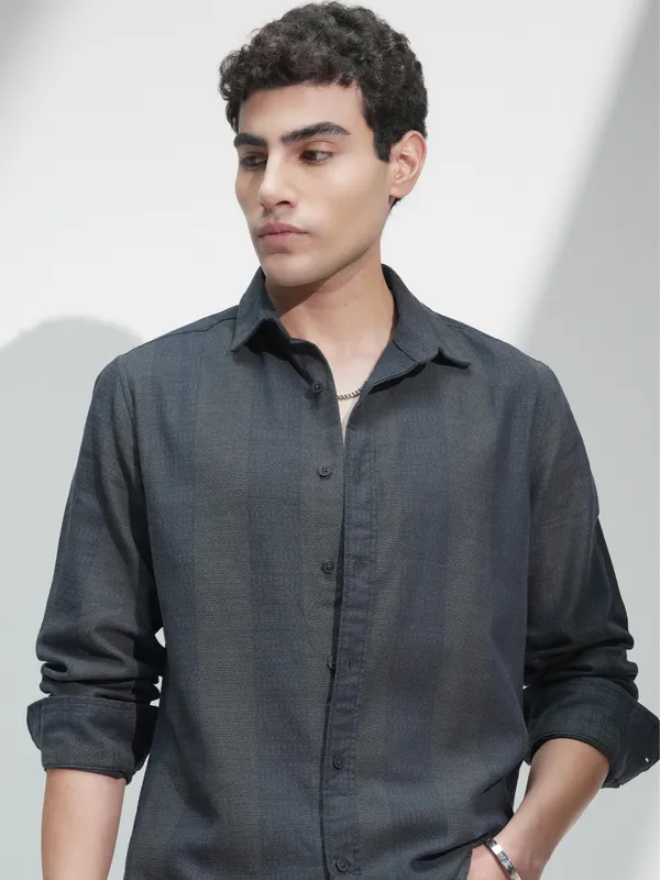 Highlander Men Navy Blue Self Design Slim Fit Casual Shirt