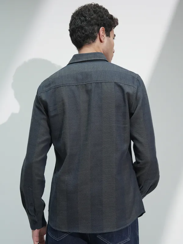 Highlander Men Navy Blue Self Design Slim Fit Casual Shirt