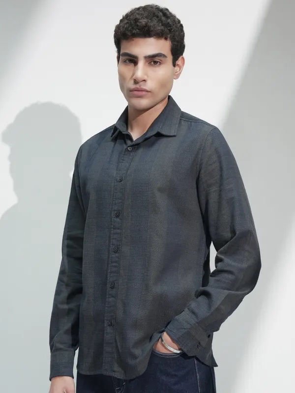 Highlander Men Navy Blue Self Design Slim Fit Casual Shirt