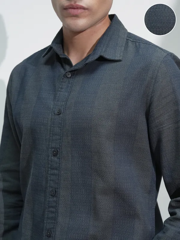 Highlander Men Navy Blue Self Design Slim Fit Casual Shirt