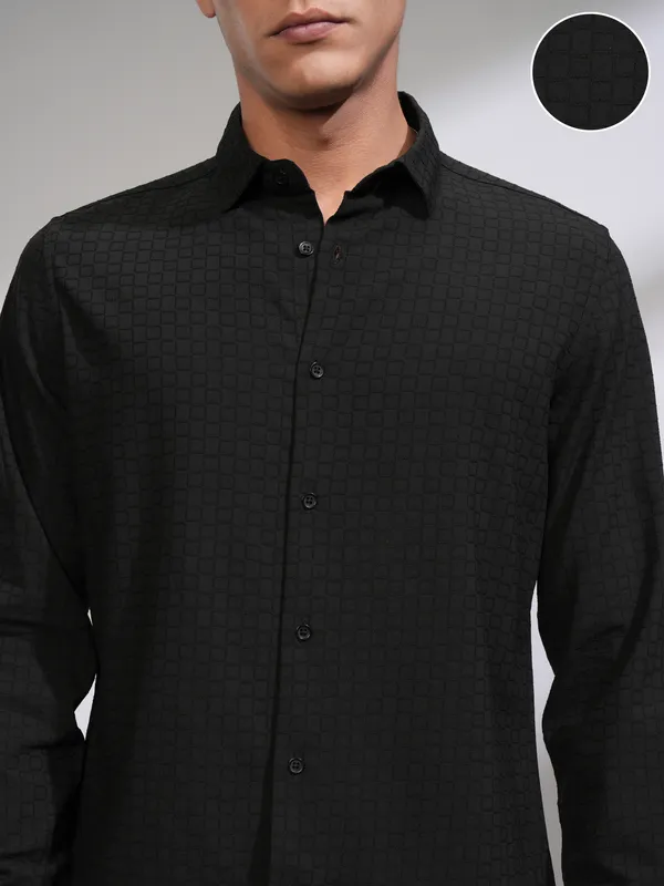 Highlander Men Black Self Design Slim Fit Casual Shirt