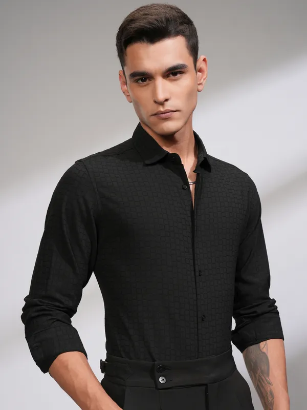 Highlander Men Black Self Design Slim Fit Casual Shirt