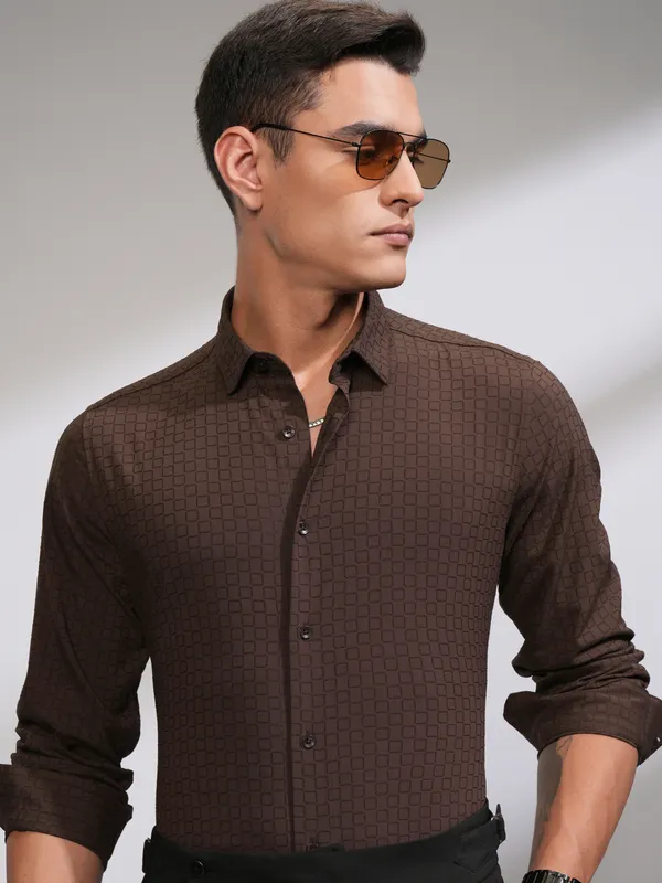 Highlander Men Coffee Brown Self Design Slim Fit Casual Shirt