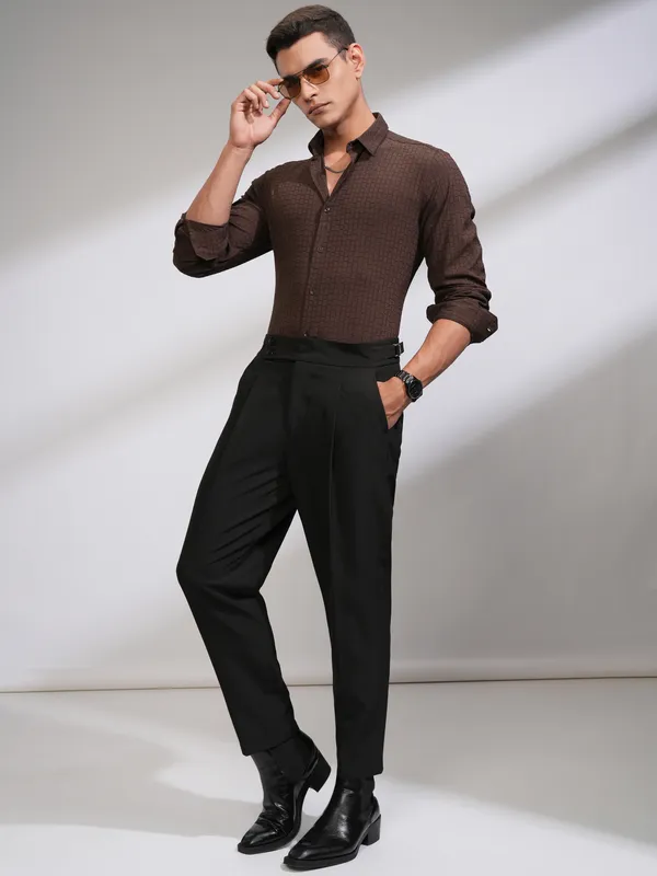 Highlander Men Coffee Brown Self Design Slim Fit Casual Shirt