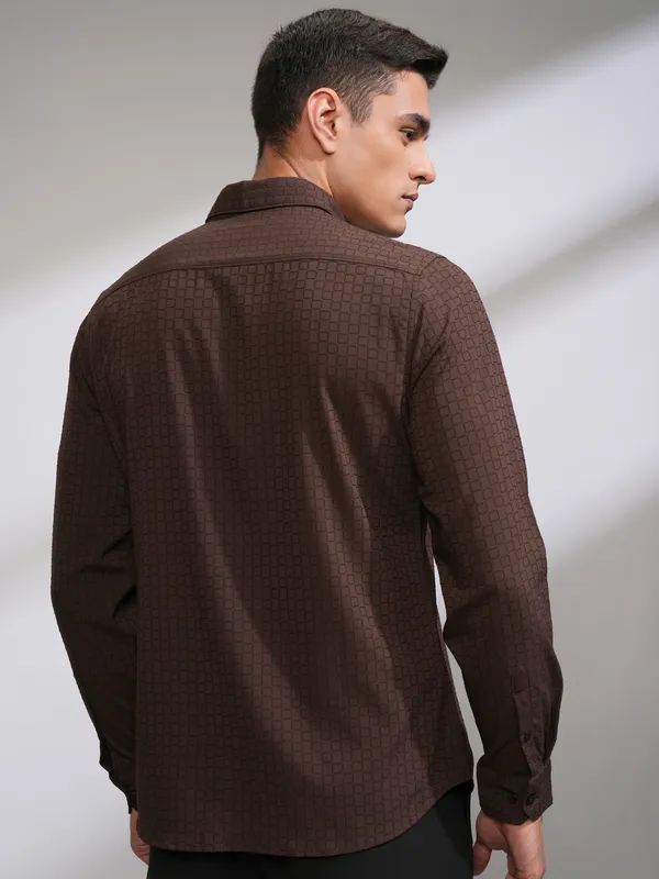 Highlander Men Coffee Brown Self Design Slim Fit Casual Shirt