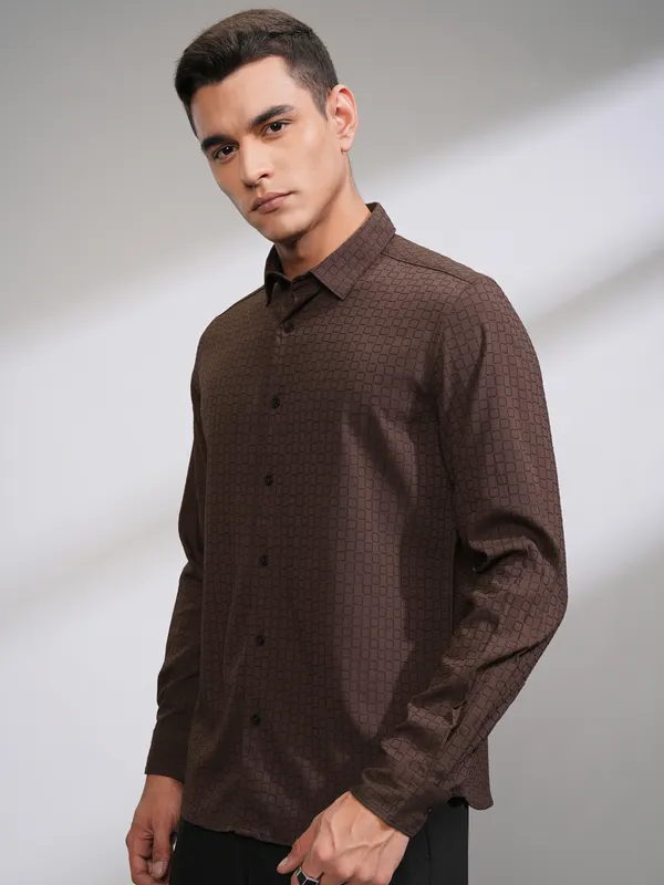 Highlander Men Coffee Brown Self Design Slim Fit Casual Shirt