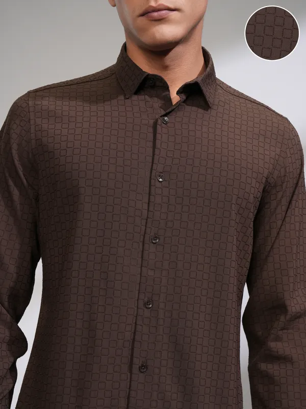 Highlander Men Coffee Brown Self Design Slim Fit Casual Shirt