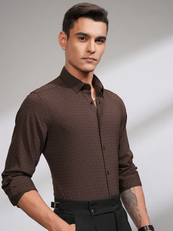 Highlander Men Coffee Brown Self Design Slim Fit Casual Shirt