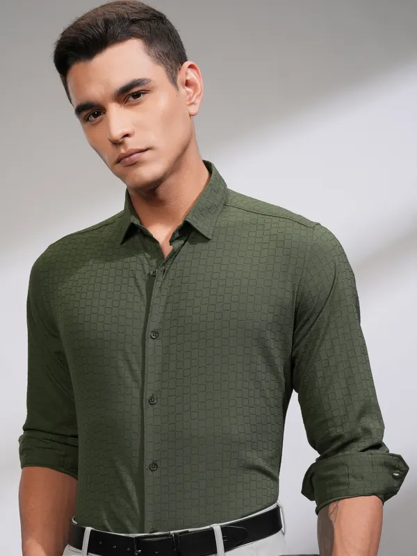 Highlander Men Green Self Design Slim Fit Casual Shirt