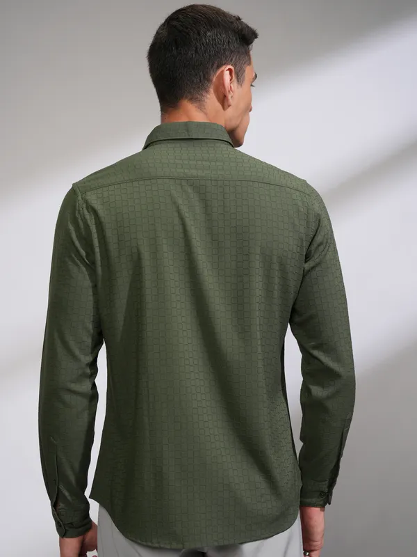 Highlander Men Green Self Design Slim Fit Casual Shirt