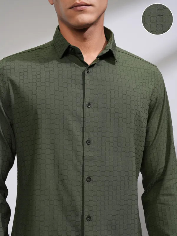 Highlander Men Green Self Design Slim Fit Casual Shirt