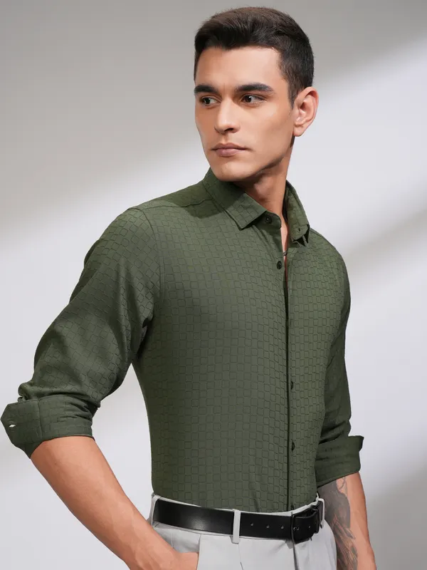 Highlander Men Green Self Design Slim Fit Casual Shirt