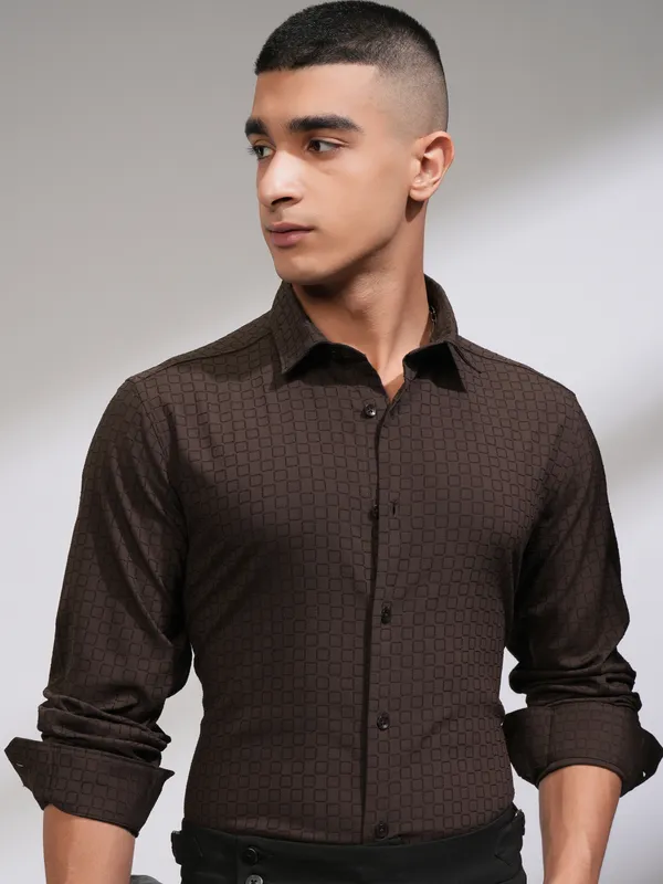Highlander Men Coffee Brown Self Design Slim Fit Casual Shirt