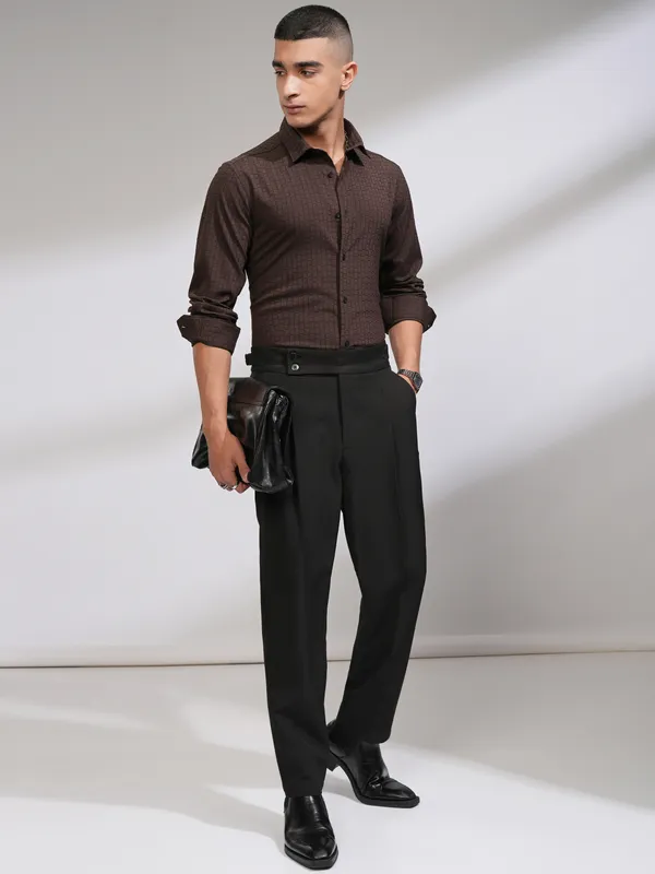 Highlander Men Coffee Brown Self Design Slim Fit Casual Shirt