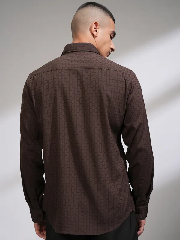 Highlander Men Coffee Brown Self Design Slim Fit Casual Shirt