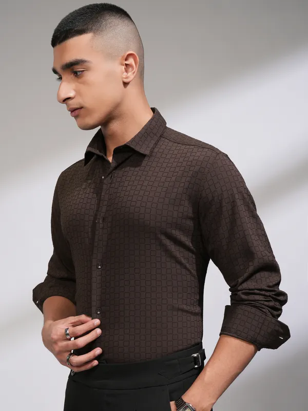 Highlander Men Coffee Brown Self Design Slim Fit Casual Shirt
