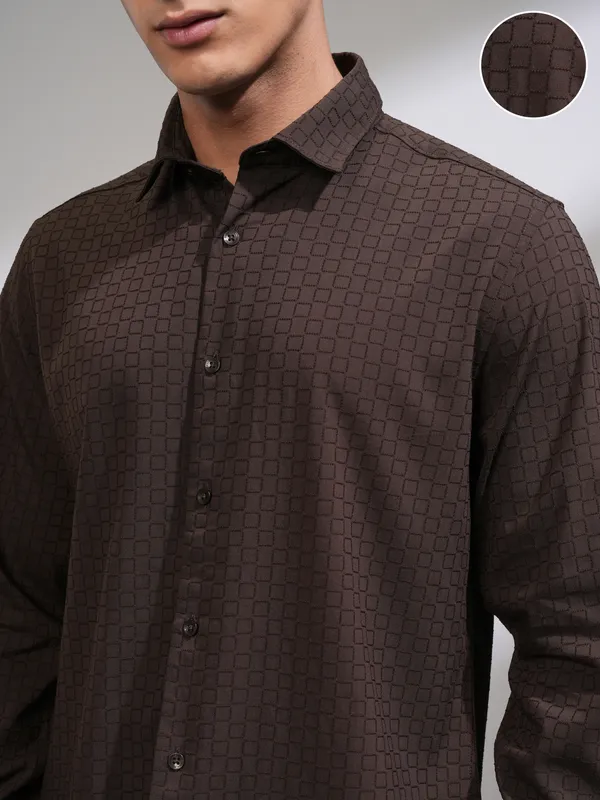 Highlander Men Coffee Brown Self Design Slim Fit Casual Shirt
