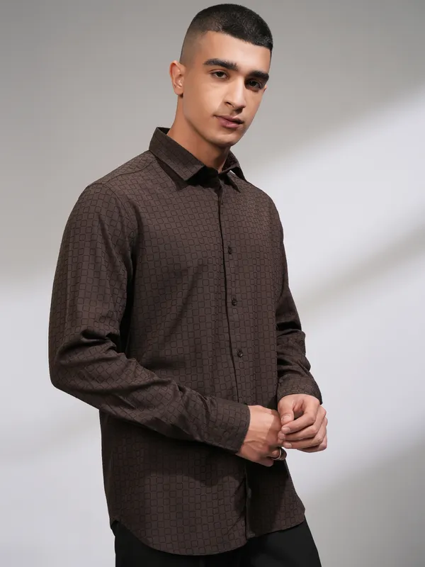 Highlander Men Coffee Brown Self Design Slim Fit Casual Shirt