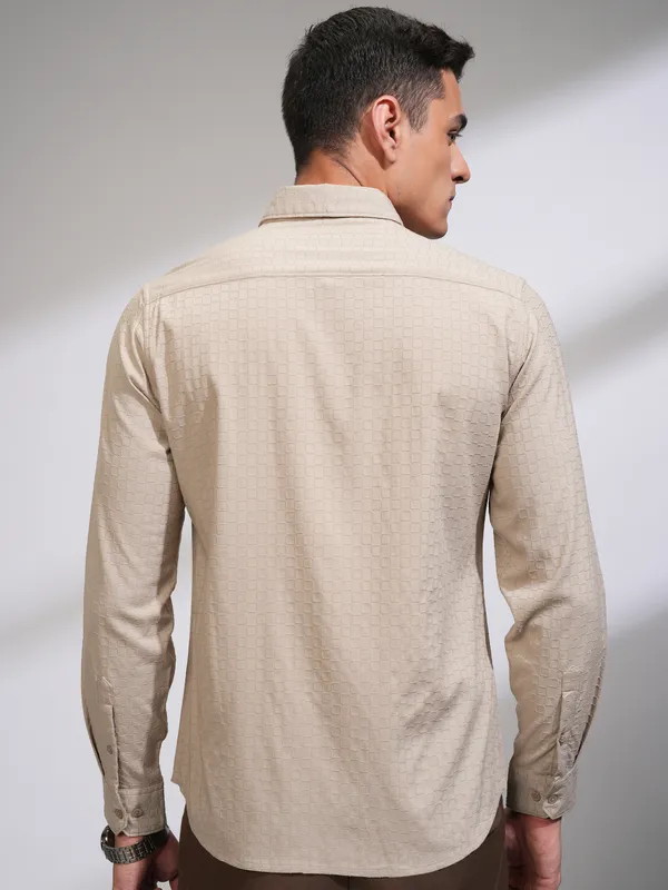 Highlander Men Beige Self Design Slim Fit Casual Shirt