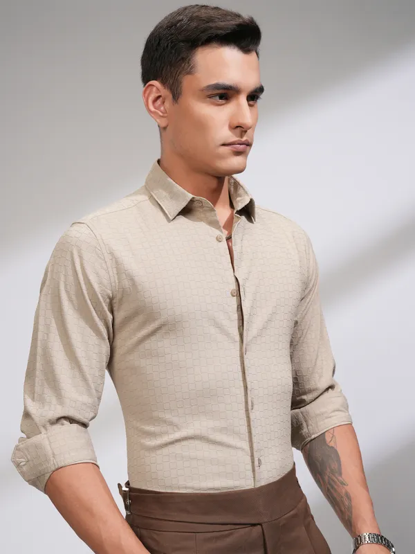 Highlander Men Beige Self Design Slim Fit Casual Shirt