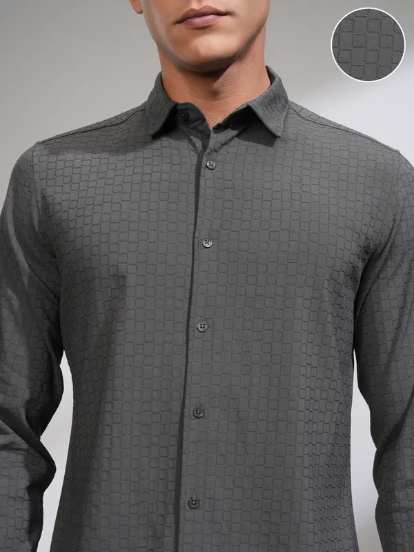 Highlander Men Grey Self Design Slim Fit Casual Shirt