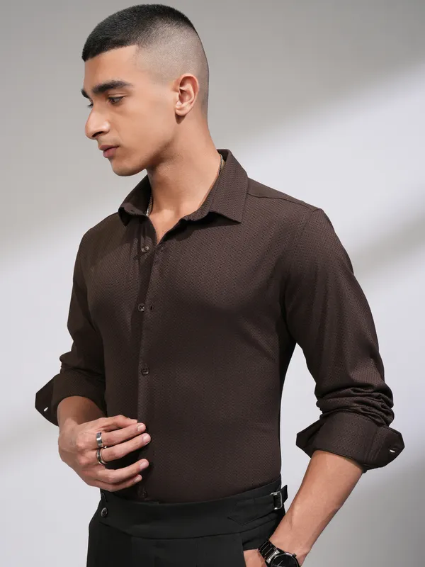 Highlander Men Coffee Brown Self Design Slim Fit Casual Shirt