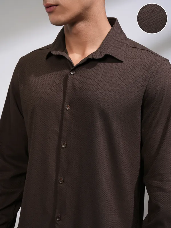 Highlander Men Coffee Brown Self Design Slim Fit Casual Shirt