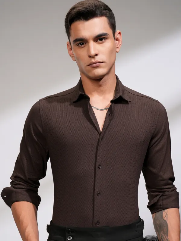 Highlander Men Coffee Brown Textured Slim Fit Casual Shirt