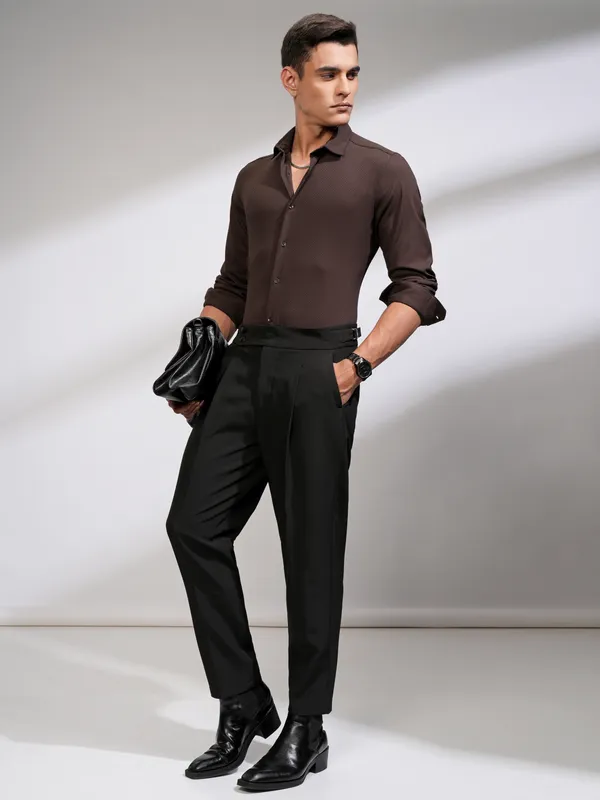 Highlander Men Coffee Brown Textured Slim Fit Casual Shirt