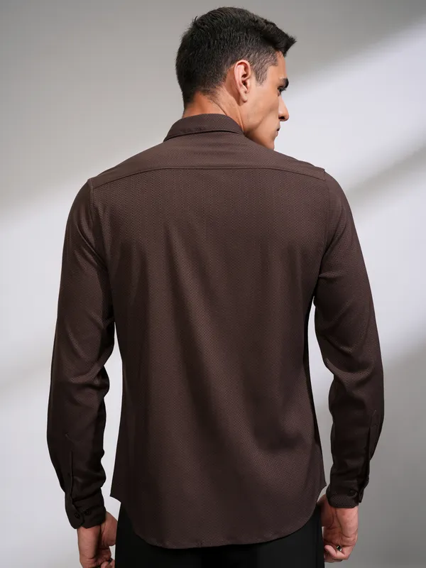 Highlander Men Coffee Brown Textured Slim Fit Casual Shirt