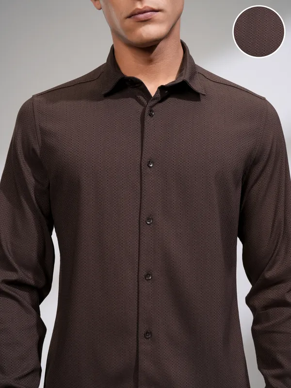 Highlander Men Coffee Brown Textured Slim Fit Casual Shirt