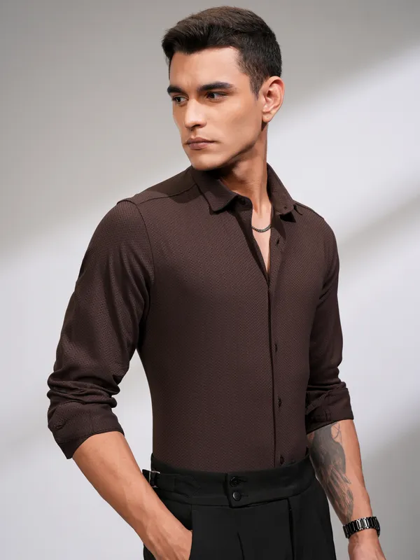Highlander Men Coffee Brown Textured Slim Fit Casual Shirt