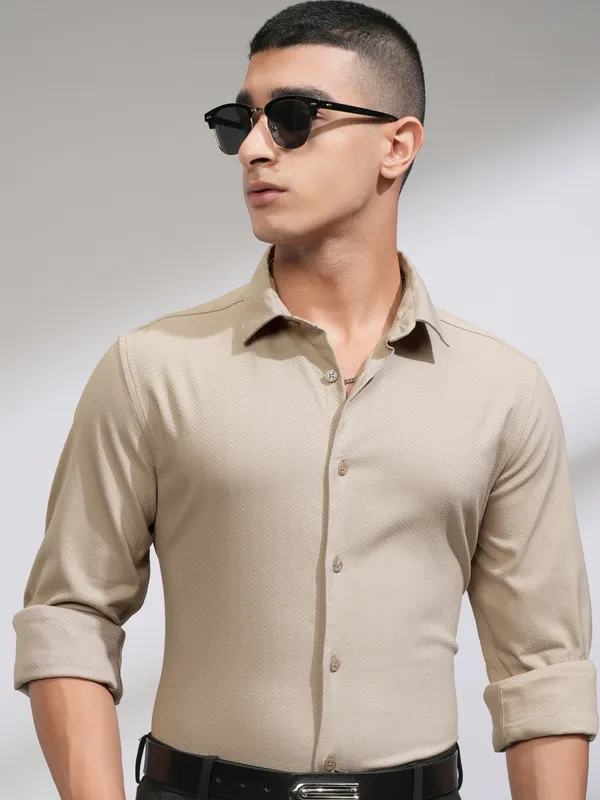 Highlander Men Beige Self Design Slim Fit Casual Shirt