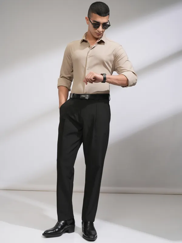 Highlander Men Beige Self Design Slim Fit Casual Shirt